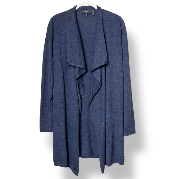 Theory 100% Wool Trincy Open Front Cardigan Small blue waterfall sweater draped - Picture 1 of 9